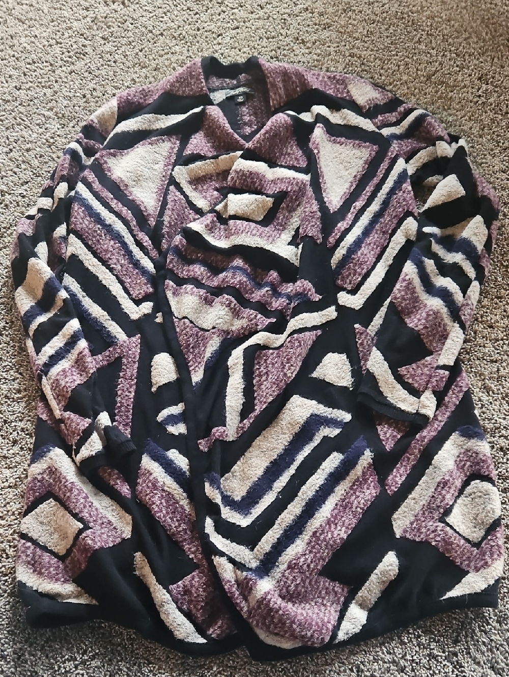 Lucky Brand Black, Purple & Cream Geometric Open Cardigan